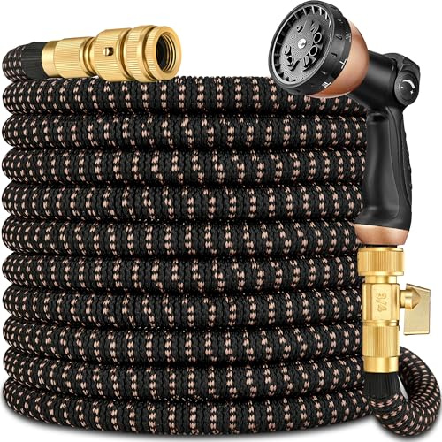 Expandable Garden Hose Pipe 200FT(60m), Flexible Water Hose w/10 Function Spray Gun & 2-in-1 Valve Quick Fittings, Lightweight, Durable, Kink-Free, Heavy Duty Expanding Hosepipes for Garden(BlackGold)