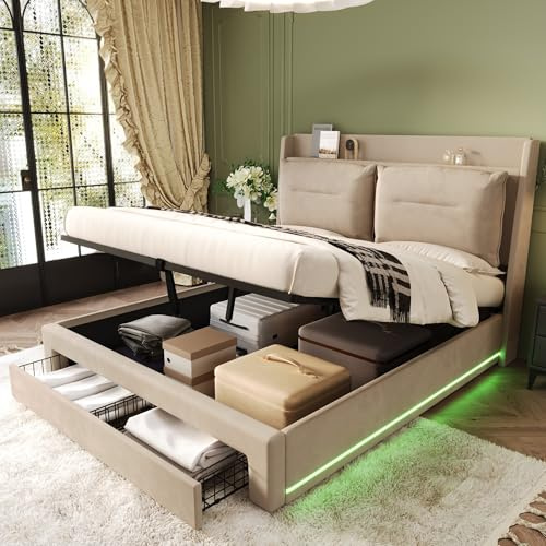 QQU Double Bed Frame with Soft Backrest, LED Light & Large Storage Space, Ottoman Bed with Hydraulic Lift, 4ft6 Upholstered Bed with Drawers & Shelf, 135 x 190 cm, No Matress, Beige