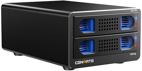 Caja Discos Duros, Caja 2 Bahías de Aluminio 10Gbps con Ventilador para HDD/SSD SATA 2,5/3,5, Cable USB A/C 3.2 con Sustitución en Caliente, Carcasa HDD Sin Herramientas, Das (sin Raid/NAS)