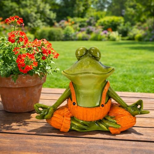 Online Fuchs Lustige Gartenfiguren für draußen Yoga Frosch mit Latzhose - Teichdeko - wetterfest mit glänzendem Glossy-Look - 25 oder 31,5 cm groß (Orange klein)
