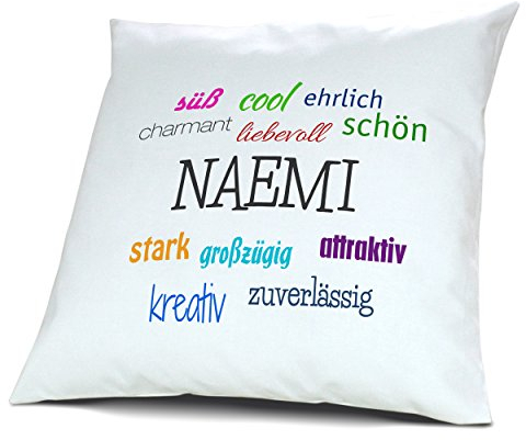 digital print Kopfkissen mit Namen Naemi - Motiv Positive Eigenschaften, 40 cm, 100% Baumwolle, Kuschelkissen, Liebeskissen, Namenskissen, Geschenkidee, Deko