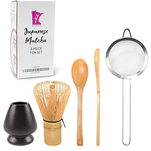 BambooMN Brand - Matcha Green Tea Whisk Set - Black - 5-Piece Set - Bamboo Tea Accessories