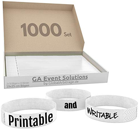 1000 Eintrittsbänder aus Tyvek zum selbst gestalten und bedrucken in Weiß von GA Event Solutions - Party Einlassbänder, Festival Armbänder für dein Event
