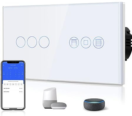 BSEED Interruptor Persiana WiFi,interruptores tactil empotrado,Inteligente Control de Porcentaje,Panel de Cristal,Control Remoto,Requiere Cable Neutro,3 Gang 1 Vía + Persiana,157mm Blanco