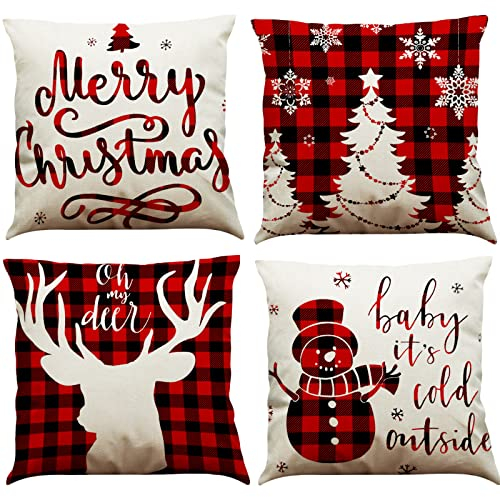 BINXWA 4 Stück Kissenbezug Weihnachten,Frohe Weihnachten Rot deko Baumwolle Leinen weihnachtsdeko Kissenbezug 45x45cm