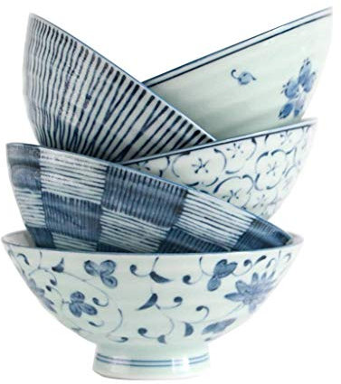 NEFSO 4-inch ceramic soup bowl blue and white rice bowl gift box set of 5 gift-giving gifts underglaze salad fruit bowl hat bowl creative dessert bowl