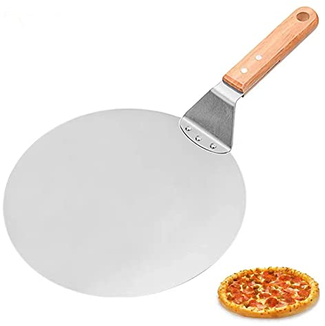 VEVOK CHEF Pelle Pizza, Palette à Pizza 25,5 x 25,5 cm Ronde Avec 22 cm Manche En Bois et Plateau Métallique en Acier Inoxydable - Spatule Cuisine pour Tourner vos Pizzas, Crèpes, Tarte etc