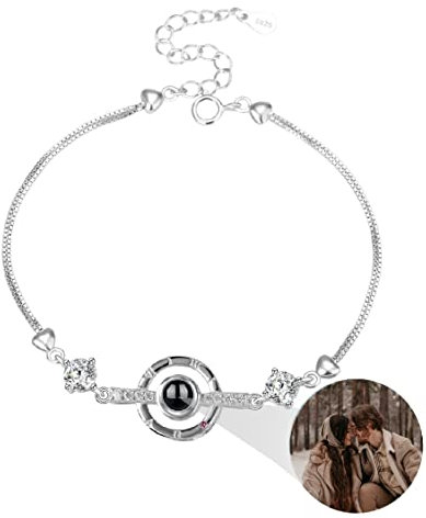 Liskanap 925 Sterling Silber Personalisierte Foto Armband mit Bild Projektion Armband im Stein Ich liebe dich Armband 100 Sprachen für Damen Herz Denkmal der Liebe Schmuckgeschenk (Silber-Runden 2)