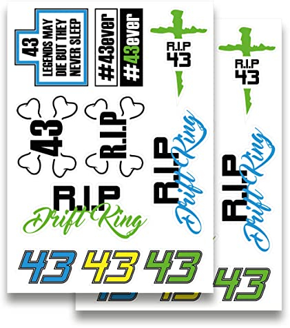 Aufkleber R.I.P. 43 Drift King Startnummer, Sticker Set, Legends May die but They Never Sleep, Auto Motorrad Helm