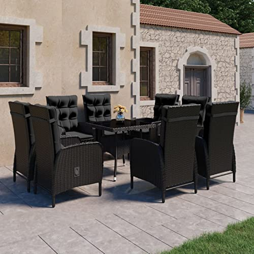 Tidyard 9-TLG. Garten Essgruppe 8 Personen, Polyrattan Sitzgruppe, Gartenmöbel Set, Esstisch mit Glas-Tischplatte & 8 Verstellbare Hochlehner-stühle, Biergartengarnitur, Schwarz Poly Rattan