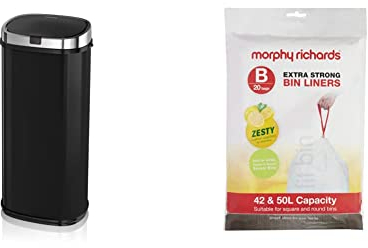 Morphy Richards Chroma 971502 Square Kitchen Bin with Infrared Motion Sensor Technology, 42 Litre Capacity, Black & 979003 Kitchen Bin Bag 42-50L Lemon Scented Heavy Duty Drawstring Waste Bin Liners