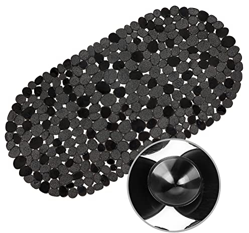 WELTRXE Duschmatte, Antirutschmatte aus Kunststoff für Kinder und Familie Dusche, rutschfeste Badewannenmatte mit Hunderte Saugnäpfen, Länglichrund Duscheinlage PVC 69 x 36 cm Schwarz