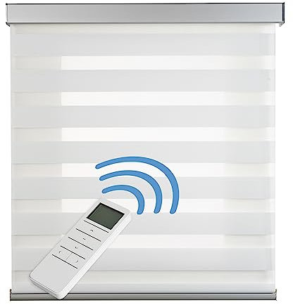 Estor Motorizado Noche y Día Top Premium Estor Enrollable con Motor y Mando. Estores Motorizados Automáticos con batería Acabados Aluminio de Máxima Calidad Tejido Gasa STORESDECO Blanco 120x250 cm