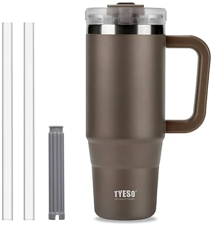 Klaraber Coffee Cup Travel Mug with Handle, 30oz Tumbler with Lockable Lid, Stainless Steel Vacuum Insulated Water Bottle with Straw, Leakproof & Portable Travel Cup for Hot and Cold Drinks (Brown)