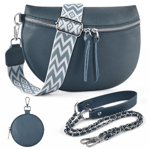 BROTOU Genuine Leather Crossbody Handbag with Adjustable Wide Strap, Chain Strap & Small Cosmetic Bag, Large Capacity Shoulder Bag for Ladies Girls Travel Shopping Daily Use (B-Blue)