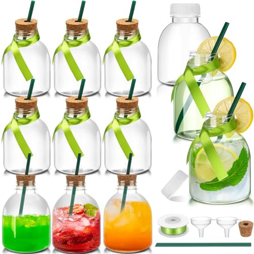 Vesici 12pcs 10oz Plastic Patron Bottles with Cork and Straw, Patron Bottles Empty for Drinks Mini Birthday Cups Potion Jar Drink Shots for Juice Beverage Liquor Wine Wedding Party Decoration(Green)