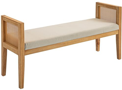 HOMCOM Panca Fondo Letto con Seduta Imbottita, Panca in Legno Stile Boho con Braccioli in Rattan per Ingresso e Salotto, 120x38x61.5cm, Crema