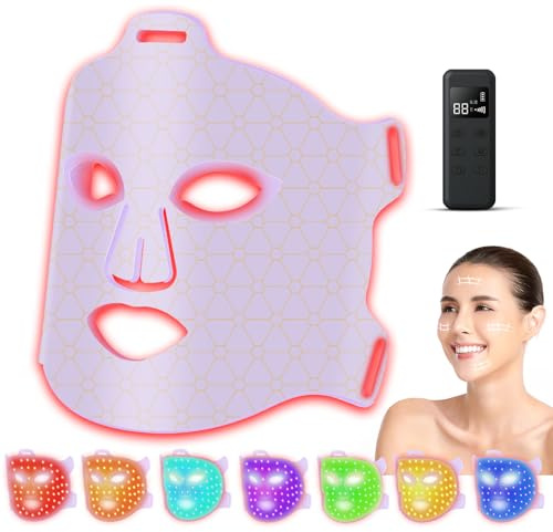 LED Lichttherapie Gesichts, 7 Farben Rotlichttherapie Gesicht mit Nahinfrarotlicht, Flexibles Silikon LED Gesichtsmaske Lichttherapie, Gesichtspflegegerät für alle Hauttypen, zu Hause (Lila)