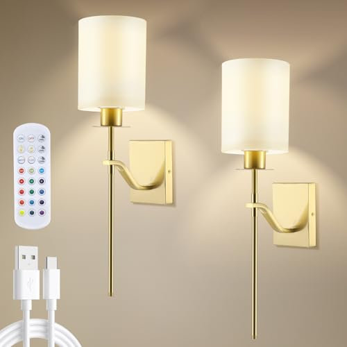 Battery Operated Wall Sconce Remote Dimmable, 2pcs Wall Lights Not Hardwired Fixture with Timer, Wall Lamps with Rechargeable Bulbs for Hallway Bathroom Bedroom Living Room Lighting Decor (Gold)
