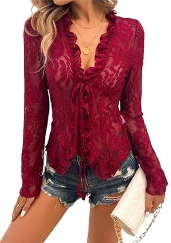 Women Lace Tops Long Sleeve See Through Sexy Deep V Neck Sheer Mesh Crop Top Shirt Open Front Tie Blouse (A-Red, L)