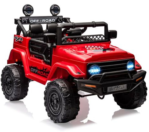 HAUSPROFI Kinder Elektroauto mit Fernbedienung,12V Kleiner Offroad Flitzer Mit Licht, Federung & Sicherheitsgurt, 2 Betriebsmodi, LED, Bluetooth, Musik, Elektro Kinderauto für ab 3 Jahren - Rot