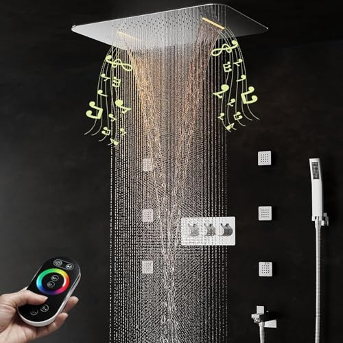Unterputz Duscharmatur Chrom, Luxus Musik Unterputz Duschsystem Set, LED 64 Farben Duschset mit 380x580mm Duschkopf, 6pcs Massage Spa Jets, Handbrause, Badezimmer Duschgarnitur