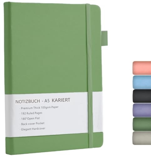 Notizbuch A5 Kariert, Notebook a5 mit Premium 100GSM Papier,192 Seiten | Journal Hardcover mit Innentasche, Elastisch Gebändert, Notizblock für Grafik, Planung, Lernen, 14,5x21,3 cm (Grün)