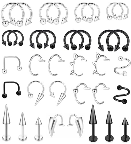 Zorfinx 36Pcs 16G Stainless Steel Lip Rings for Women Men Snake Bite Piercing Labret Jewelry Monroe Barbell Spike Nose Stud