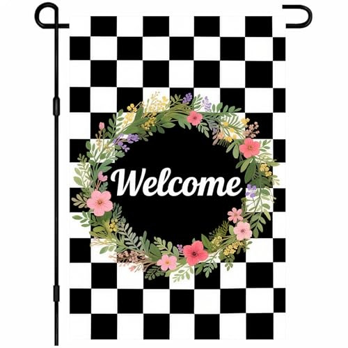 Pink Blooms On Checkered Design Bandiera Da Giardino 30X45Cm Striscione Decorative Doppia Faccia Bandiera Da Esterno Per Dormitorio Feste Prato