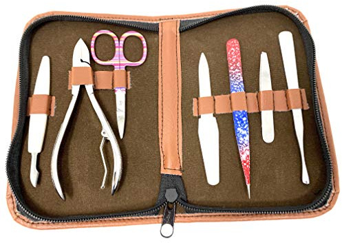 INKgrafiX® Beauty Set Leder - Maniküre Etui 7 teilig - Nagelset - Chirurgenstahl - IG24541 - Nagel Nägel Feile Schere Pinzette Set Maniküre Pediküre Nageletui