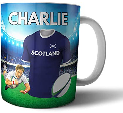 AK Giftshop Personalised Gift - Tea Coffee Mug - Rugby Shirt Themed - Scotland Colours