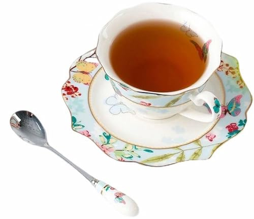 YBK Tech Euro Style Cup& Saucer Set Art Bone China Ceramic Tea Coffee Cup for Breakfast Home Kitchen- Butterflies (Blue)