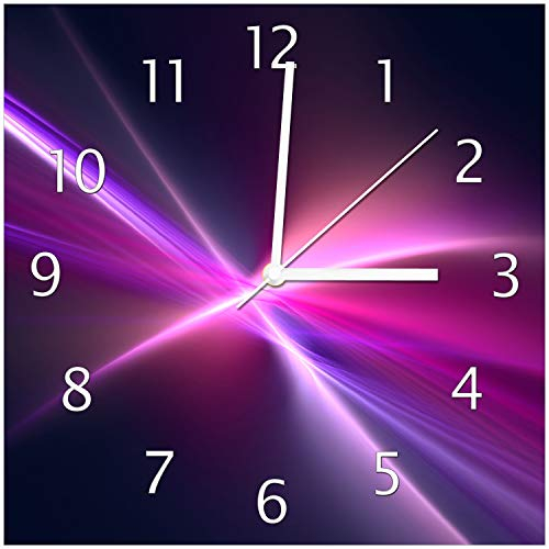 Wallario Design-Wanduhr Abstrakte Formen und Linien schwarz lila pink weiß aus Glas, Motiv-Uhr Größe 30 x 30 cm, weiße Zeiger