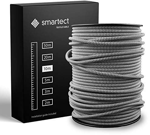 smartect Cavo Elettrico Tessile Nero Bianco, 10 Metri Filo Elettrico Vintage, Tripolare (3 x 0.75mm²) Cavo Elettrico Rivestito in Tessuto per Fai da Te