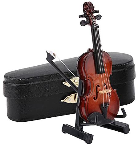 HEEPDD Mini-Violine, Miniatur Violine Modell aus Holz mit Bogenständer-Koffer, Puppenhaus Zubehör für Home Office, Weihnachten Geburtstag Boxen