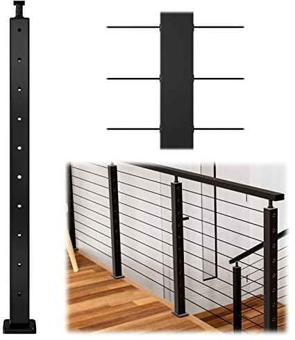 Muzata Poste de barandilla de cable cuadrado de 36x2x2 pulgadas, acero inoxidable 304, acabado negro, montaje en superficie preperforado para madera, hormigón, kit invisible PS01 BH4S, PT1 PT2 PT6