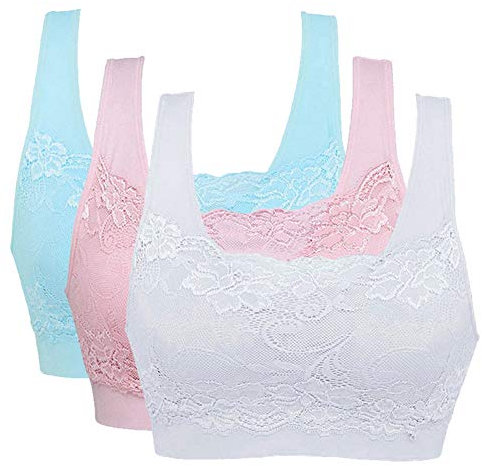 Vertvie Sexy Soutien-Gorge de Sport Dentelle Bra Push Up Lingerie Femme Brassière sans Armature Bra Bandeau pour Yoga Fitness Entraînement(EUXL/Tag2XL,Blanc+Bleu+Rose)