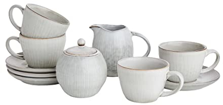 BUTLERS Kaffee-Set 6-tlg. Keramik -HENLEY- Milchkännchen, 270 ml, Zuckerdose 350 ml, 4 Kaffeetassen 270 ml mit Unterteller | Geschirr in Landhaus Stil| Mikrowelle und Spülmaschinegeeignet