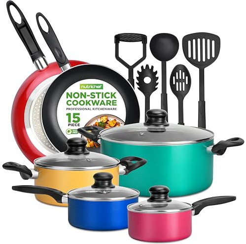 NutriChef Töpfe und Pfannen Set, Kochgeschirr Set 15-Teilig, Antihaft Cookware Set Inkl. Topfset, Pfannenset Induktion & Küchenzubehör, für alle Herdarten, PFOA/PFOS frei, Spülmaschinenfest, Bunt