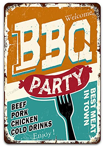 Tarika BBQ Barbecue Tin Signs, BBQ Party Beef Pork Chicken Cold Drink Vintage Metal Tin Sign for Men Women, Inch Wall Decor for Grill Bar Backyard Restaurant Cafes Pub Outside 12x8