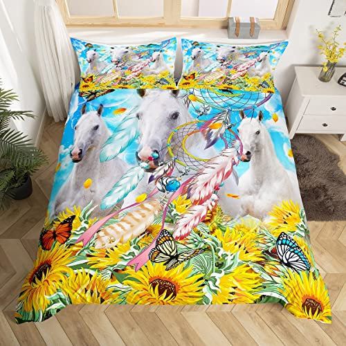 Loussiesd Set di biancheria da letto per cavalli 3D King for Girls Horse Kids Set copripiumino stampa ultra morbida giallo Set di biancheria da letto bohémien Dream Catcher Girasole Design Cavallo