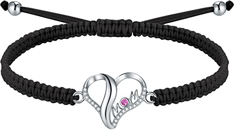J.Endéar Mutter Herz Armband für Damen Silber 925, Kordel Seil Verstellbares Handgefertigt Geflochtene Armband Rot Cubic Zirkonia Mom Schmuck Mama Geschenk, Schwarz