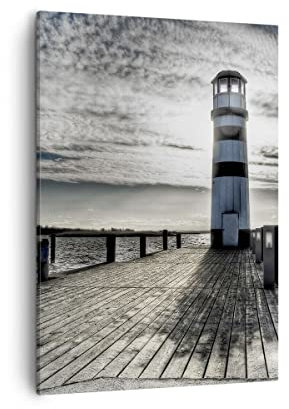 Bilder auf Leinwand See Leuchtturm Holzbrücke Wasser Leinwandbild mit Rahmen 50x70cm Wandbilder Dekoration Wohnzimmer Schlafzimmer Küche Deko Groß Wanddeko Bild Wand Kunstdruck Art Canvas PA50x70-0330