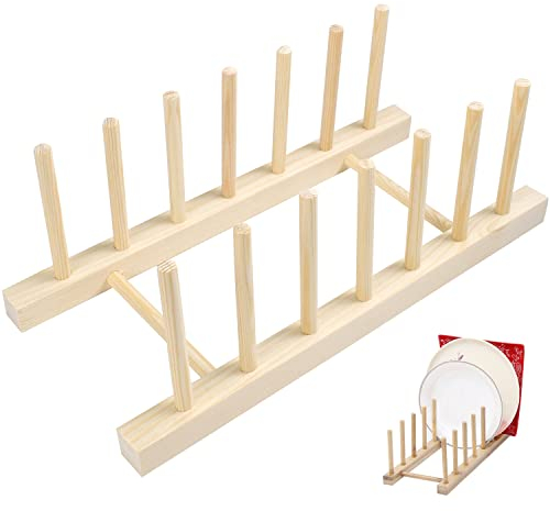 Abtropfgestell Holz,Abtropfgestell Teller Ständer, Küche Tellerständer Holz,Plate Holder,Lagerung Inhaber Platzsparend für Teller, Schüssel, Tassen, Topf Deckel, Schneidebrett und Buch—6 Slots