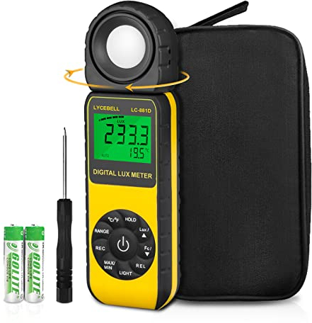LYCEBELL Luxmetro Digitale, LC-881D Misuratore di Luce Digitale Palmare Fino a 400.000Lux con Sensore Rotato di 270º per Piante e LCD Retroilluminato, Batteria Inclusa, per Interni ed Esterni