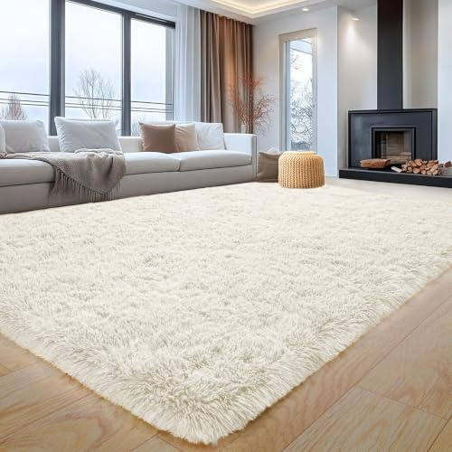 Aspire Homeware Flauschiger Schlafzimmerteppich, cremefarben, große Flächenteppiche, 200 x 290 cm, für Wohnzimmer, Plüschteppich, moderner weicher Shaggy-Flor, Kunstfell-Teppich für Zuhause