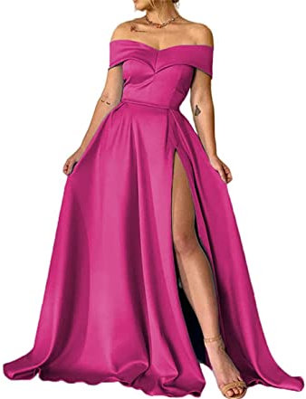 KURFACE Robes de bal de fin d'année en satin sans manches, épaules dénudées, dos nu, col en cœur, robes de soirée longues avec poches, fuchsia, 36