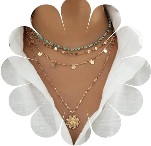 HUANMAYE Layered Gold Bohemian Beaded Necklace Choker Long Necklace Coin Sun Pendant Necklace Turquoise Fine Chain Personalisierte Pailletten Schmuck für Frauen Party