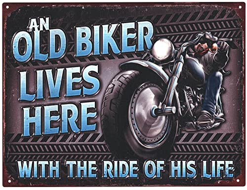 Moritz Deko Blechschild An Old Biker Lives Here Mtorrad 25 x 33 cm Metallschild Retro Vintage-Design zur Dekoration Wanddekoration