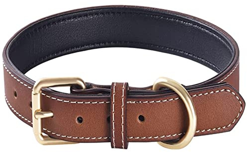 Genuine Leather Padded Dog Collar, Soft & Sturdy, Fits Small Medium Large Dogs（Brown）(S)